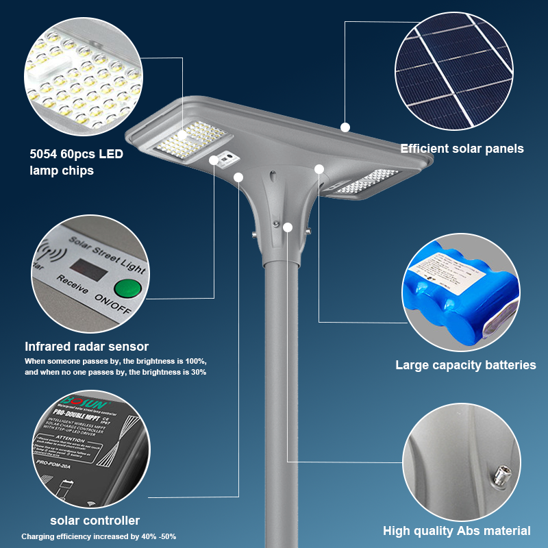 IP67 Waterproof All in One 300W 500W 600W Integrated Street Lamp LED Solar Powered Street Light with ABS Pole for Outdoor Use